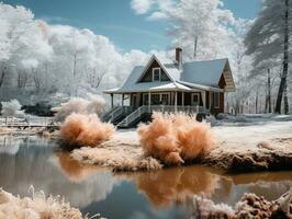 an infrared image of a house by the water generative ai photo