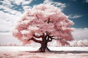 un infrarrojo imagen de un rosado árbol en el nieve generativo ai foto