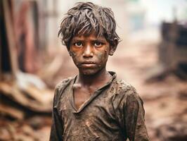 un indio chico con barro en su cara en pie en el suciedad generativo ai foto