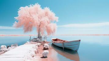 an infrared image of a boat on the water next to a tree generative ai photo