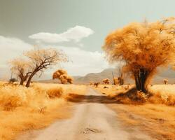 an infrared image of a dirt road in the desert generative ai photo