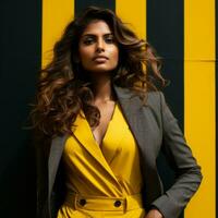 an indian woman in a yellow dress standing against a black and yellow striped wall generative ai photo