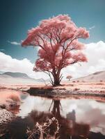 un infrarrojo imagen de un rosado árbol en el medio de un campo generativo ai foto