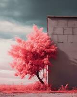 un infrarrojo imagen de un árbol en frente de un edificio generativo ai foto