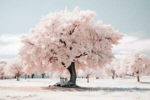 an infrared image of a pink tree in the middle of a field generative ai photo