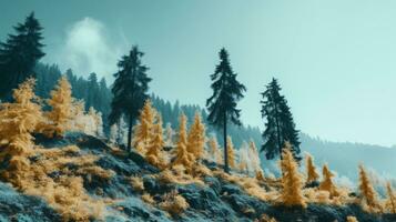 an image of trees in the mountains with a blue sky in the background generative ai photo