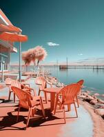 an infrared image of a table and chairs near a body of water generative ai photo