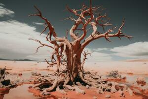 an infrared image of a dead tree in the desert generative ai photo