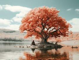 an infrared image of a tree on a small island in the middle of a lake generative ai photo