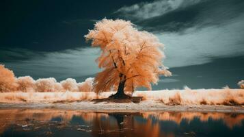 un infrarrojo imagen de un árbol en el campo generativo ai foto