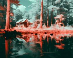 an infrared image of a cabin in the woods generative ai photo