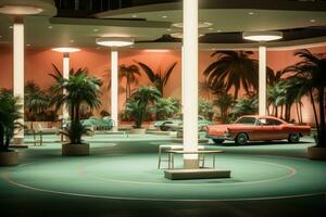 an indoor parking lot with palm trees and cars generative ai photo