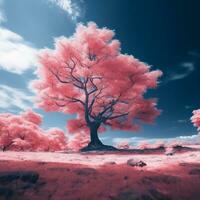 un infrarrojo imagen de un árbol con rosado hojas generativo ai foto