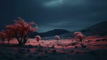 un infrarrojo imagen de rojo arboles en el Desierto generativo ai foto