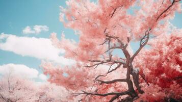 un infrarrojo imagen de un árbol con rosado hojas generativo ai foto