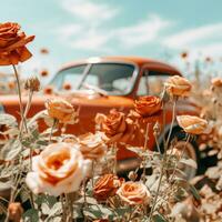 an old car in a field of orange roses generative ai photo