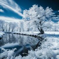 an infrared image of snow covered trees and a river generative ai photo