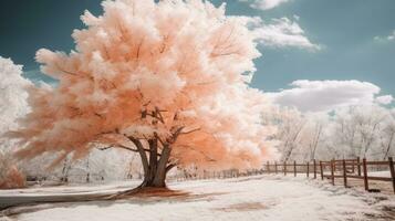 un infrarrojo imagen de un árbol con rosado hojas generativo ai foto