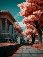 an infrared image of a tree with red leaves generative ai photo