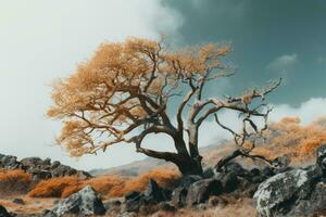 un infrarrojo imagen de un árbol en el montañas generativo ai foto