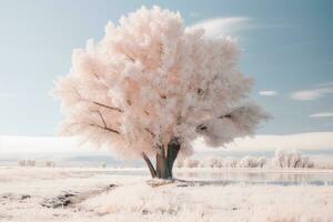 un infrarrojo imagen de un árbol en el nieve generativo ai foto