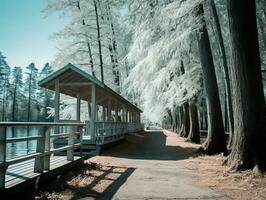 an infrared image of a wooden walkway next to a lake generative ai photo