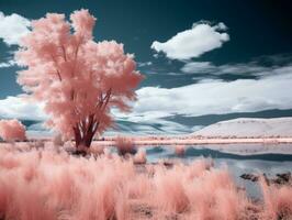 an infrared image of a pink tree in a field generative ai photo