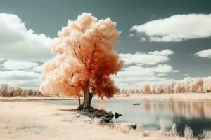 an infrared image of a tree by the water generative ai photo