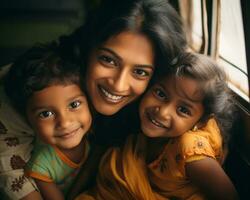 an indian woman with her two children generative ai photo