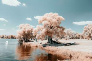 an infrared image of a lake and trees generative ai photo