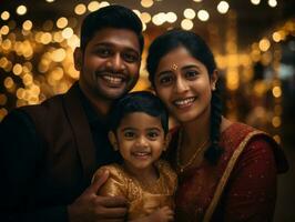 an indian family poses for a photo in front of christmas lights generative ai