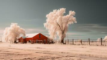an infrared image of a red barn and trees generative ai photo