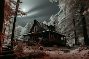un infrarrojo imagen de un casa en el bosque a noche generativo ai foto