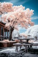 an infrared image of a picnic table under a pink tree generative ai photo