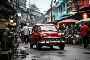 an old red car driving down a city street generative ai photo