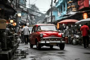 un antiguo rojo coche conducción abajo un ciudad calle generativo ai foto