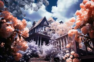 an infrared image of a house surrounded by flowers generative ai photo