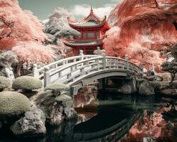 an infrared image of a bridge and pagoda generative ai photo