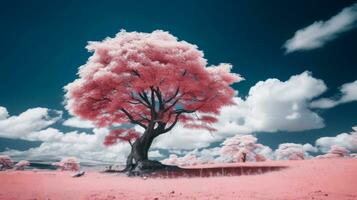 un infrarrojo imagen de un rosado árbol en un campo generativo ai foto