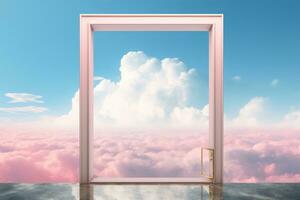 an open door in front of a pink sky and clouds generative ai photo