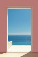 an open door to a pink room with a view of the ocean generative ai photo