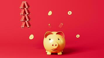 une porcin banque et pétards vidéo, année de porc printemps Festival thème, 3d le rendu. video