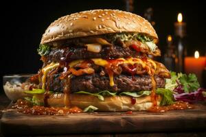 AI generated Delicious Burger Feast Realistic Homemade Beef Burger Photo Generative AI