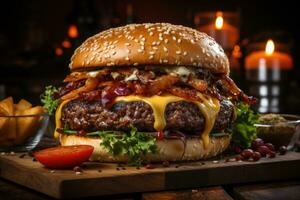 AI generated Close Up Burger Snapshot Delicious Homemade Beef Burger Generative AI photo