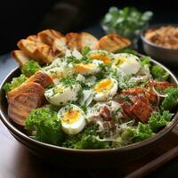 AI generated Healthy and Fresh Chicken Caesar Salad on Party Table Generative AI photo