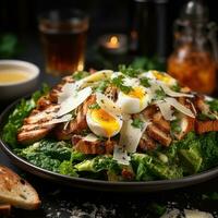 AI generated Healthy Food Display Party Spread with Chicken Caesar Salad Image Generative AI photo