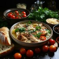 AI generated Healthy and Fresh Party Spread with Chicken Soup Image Generative AI photo
