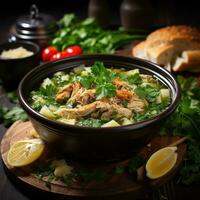 AI generated Gourmet Dining Experience Party Spread with Chicken Soup Image Generative AI photo