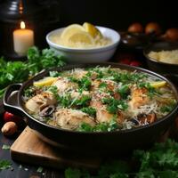 AI generated Party Spread with Chicken Soup Healthy Food Display Generative AI photo
