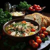 AI generated Healthy and Fresh Chicken Soup on Party Table Generative AI photo